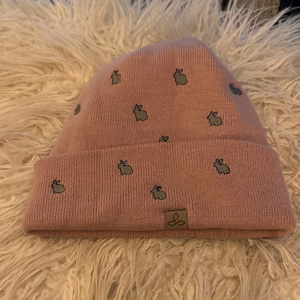 Prana Pink Knit Beanie with Bunny Design